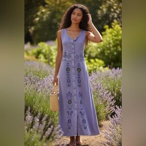 Lavender Love Button-Front Maxi Dress, Embroidered Trim, Sleeveless
